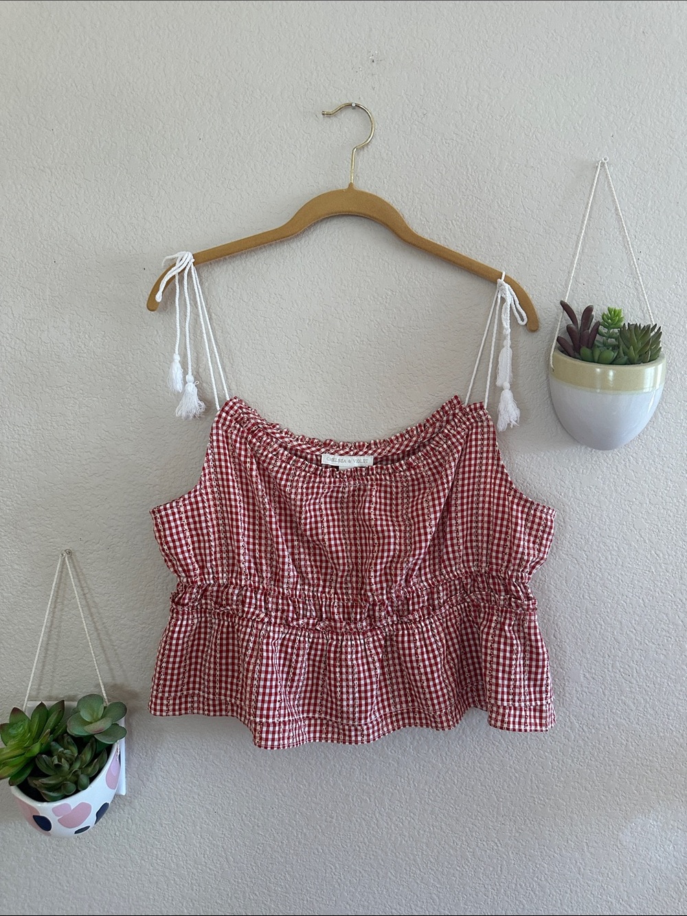 Chelsea & Violet Red Gingham Tie Peplum Camisole Tank Top Vintage XL